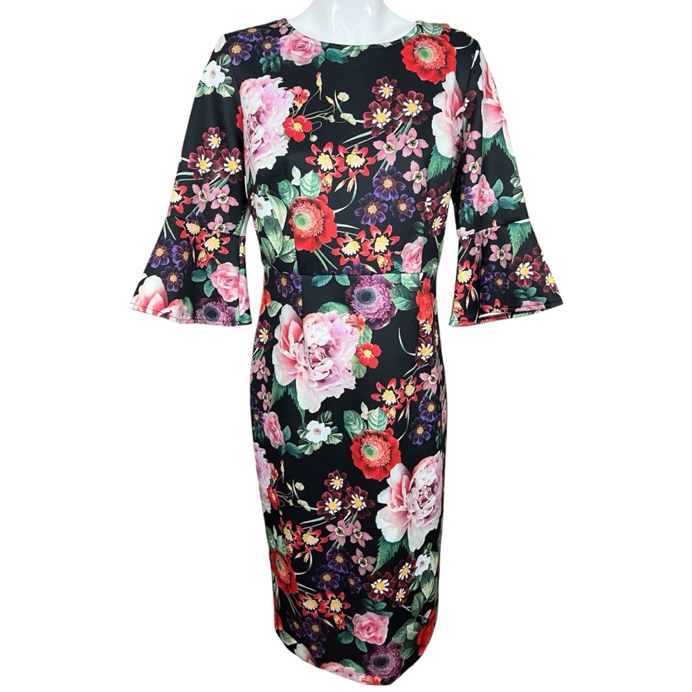New York & Company Poly Spandex Floral Bell Sleeve Sheath Midi Dress Large NWT